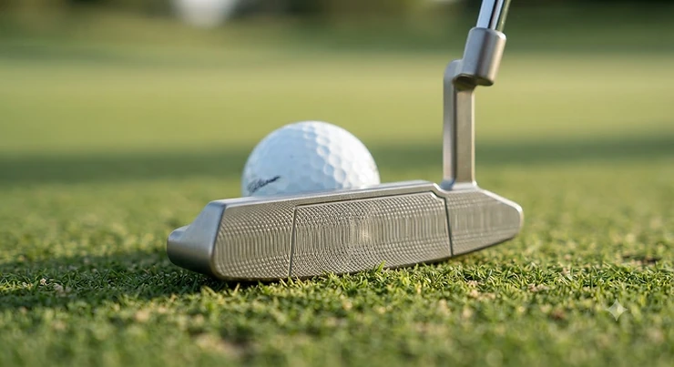 Close-up view of a classic blade putter face highlighting impact feedback and solid feel.