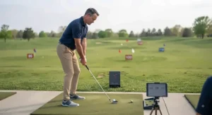 Golfer practicing distance control for full gap wedge shots on a range.