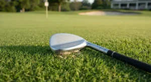 A versatile sand wedge resting neatly on the lush green fringe surrounding the putting green.