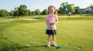 A parent adjusting the height of beginner golf clubs for kids learning to play outdoors