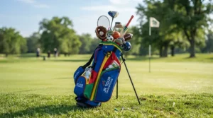 A colorful stand bag holding lightweight beginner golf clubs for kids learning to play on the fairway