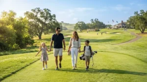 A family enjoying a weekend round with beginner golf clubs for kids learning to play
