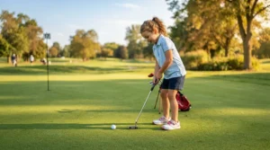 A smiling child practicing putting on a green using beginner golf clubs for kids learning to play at a local course