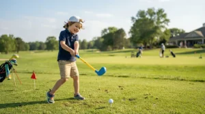 A young boy easily swinging lightweight beginner golf clubs for kids learning to play