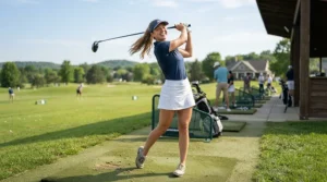 A smiling woman practicing her swing at an outdoor driving range using beginner golf clubs for women.