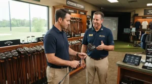 A professional golf fitter helping a customer select beginner golf clubs for women in a pro shop.
