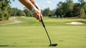 Close-up of a golfer lining up her putt on the green with beginner golf clubs for women.