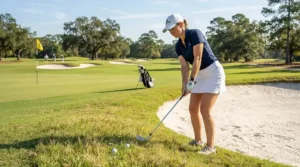 A golfer practicing a delicate chip shot near the sand trap with her beginner golf clubs for women.