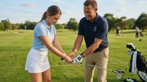 A golf instructor showing proper grip technique using beginner golf clubs for women during a lesson.