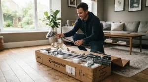 Unboxing a brand new boxed set of beginner golf clubs for women at home.