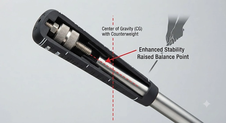 Diagram illustrating how a counterbalanced putter weight fits into a golf club grip to stabilize the stroke.