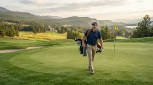 Walking up to the green after a stellar approach shot made with forged irons for advanced golfers.