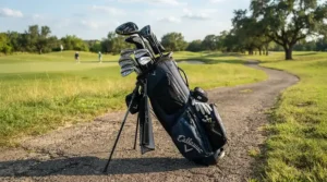 An organized golf bag included in a golf club set for 15 handicap golfers standing ready on the cart path.