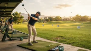 A golfer testing a golf club set for 15 handicap golfers at a modern driving range under bright afternoon sun.