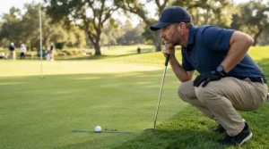 A focused golfer lining up a birdie putt with their golf club set for 15 handicap golfers nearby in the bag.