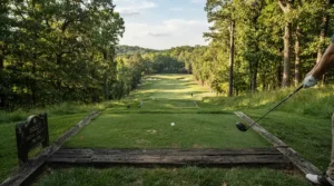 Looking down the fairway from the tee box while choosing a club from the golf club set for 15 handicap golfers.