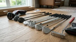 Unboxing and setting up a brand-new golf club set for 15 handicap golfers in a sunlit garage or room.