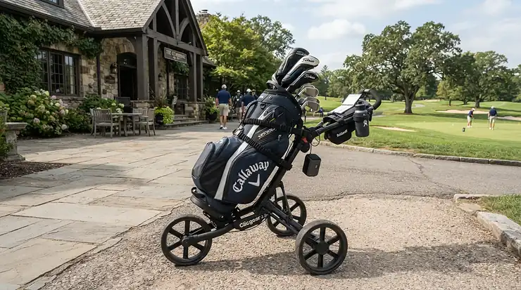 A golf club set for beginners loaded securely onto a push cart ready for 18 holes.