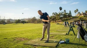 A golfer practicing at a driving range with a golf club set for beginners on bright afternoon sunlight.