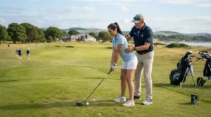 A novice receiving a helpful tip from a coach while holding a golf club set for beginners.