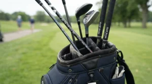 Highlighting lightweight graphite shafts in a specialized golf club set for beginners.