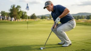 A beginner golfer lining up a putt on the green using a putter from a golf club set for beginners.