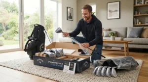 Unboxing a new golf club set for beginners in a living room showing a bag and shiny irons.