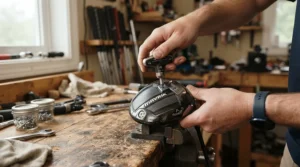 A player adjusting the adjustable driver weights on the sole of a golf driver for intermediate golfers in a pro shop.