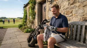 A golfer reviewing their round while cleaning their golf driver for intermediate golfers outside a clubhouse.
