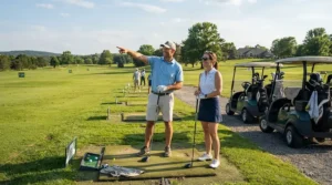 A club fitter helping a player choose a golf driver for intermediate golfers during a custom fitting session outdoors.