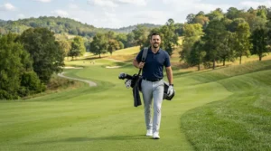 A golfer walking down a lush green fairway carrying a bag containing a golf driver for intermediate golfers.
