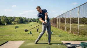 A golfer demonstrating swing speed range while testing a golf driver for intermediate golfers at a driving range.