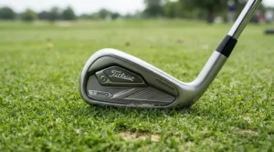 Close-up view of cavity-back golf irons for intermediate players showing perimeter weighting