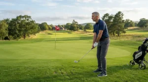 Player preparing an approach shot using golf irons for intermediate players on a sunny fairway