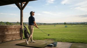 An illustration of hybrid clubs for intermediate golfers during a driving range distance session.