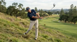 An illustration of hybrid clubs for intermediate golfers hitting a stable shot from an uneven lie.