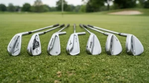 An illustration showing hybrid clubs for intermediate golfers arranged by distance and loft gaps.