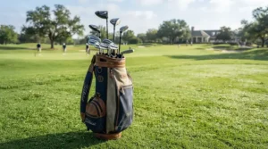 An illustration of hybrid clubs for intermediate golfers being selected from a stand bag on a sunny fairway.