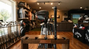 Display rack featuring a minimalist center shaft putter modern design in a golf shop