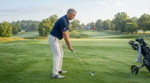 Golfer setting up the ball with players irons for advanced golfers on a lush green fairway