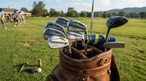 Close-up of sleek players irons for advanced golfers in a golf bag during tournament play