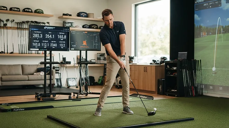 Club fitting session featuring players irons for advanced golfers in an indoor bay