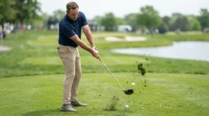 Dynamic shot showing players irons for advanced golfers striking a golf ball off the turf