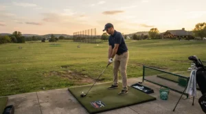 Focused golfer dialing in distances using players irons for advanced golfers at the driving range