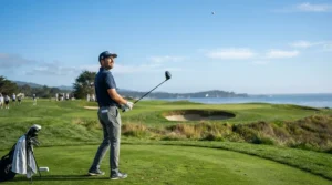 Professional golfer analyzing trajectory while practicing with players irons for advanced golfers