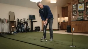 Player practicing putting drills using a center shaft putter modern design on artificial turf