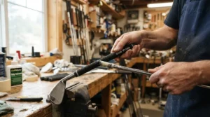 A fresh textured putter grip being professionally installed during a Scotty Cameron Custom Shop upgrade.