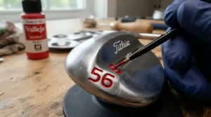 A close-up view of vibrant paint fill restoration work on a high-end milled putter at the Scotty Cameron Custom Shop.
