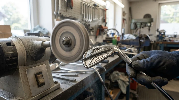 A craftsman buffing the milled metal surface of a putter at the Scotty Cameron Custom Shop.