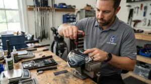 Specialized weights being adjusted in the sole of a putter at the Scotty Cameron Custom Shop.